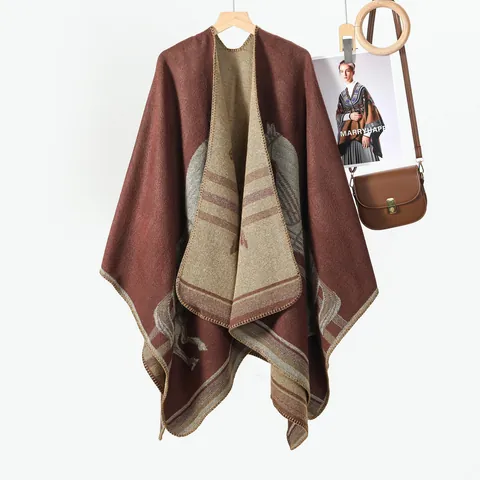 Women Western Style Thickened Faux Cashmere Poncho Shawl Double Sided Knit Wrap Horse Pattern Winter Warm Oversized Cape