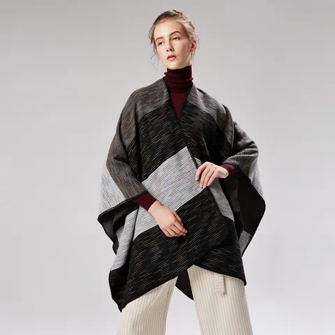 Women's Soft Imitation Cashmere Rainbow Striped Poncho Shawl Oversized Open Front Color Block Cape Wrap For Winter Autumn