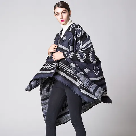 Châle Poncho Bohème Motif Géométrique pour Femmes Doux Acrylique Polyester Chaud Cape Enveloppante pour Automne Hiver