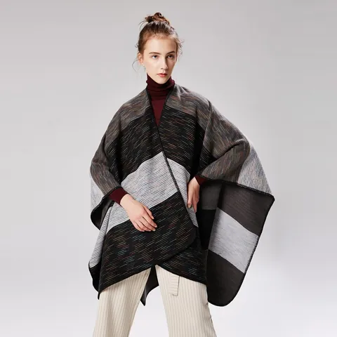 Women's Soft Imitation Cashmere Rainbow Striped Poncho Shawl Oversized Open Front Color Block Cape Wrap For Winter Autumn