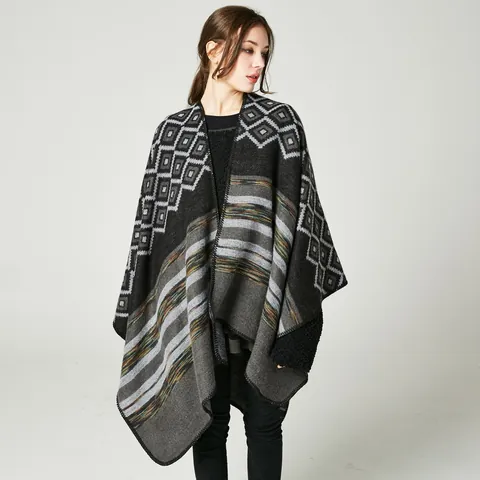 Women's Faux Cashmere Geometric Diamond Stripe Poncho Shawl Open Front Oversized Wrap Cape Cardigan For Winter Travel