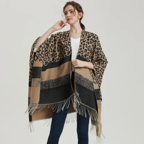 Mantón Poncho para Mujer Estampado de Leopardo Rayas Efecto Cachemira Con Borlas Cálido Invierno Otoño Capa Abierta a la Moda