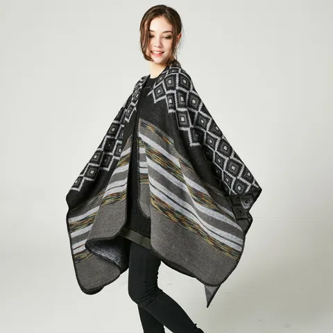 Women's Faux Cashmere Geometric Diamond Stripe Poncho Shawl Open Front Oversized Wrap Cape Cardigan For Winter Travel