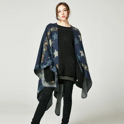Women's Oversized Faux Cashmere Poncho Shawl Star Geometric Pattern Acrylic Polyester Blend Warm Thickened Wrap Cloak For Winter Fall