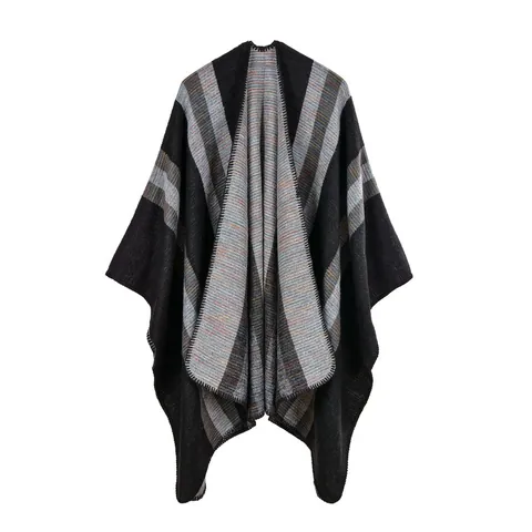 Poncho Capa para Mujer con Rayas Geométricas Étnicas Imitación Cachemira Suave Chal Abierto por Delante Envolvente Invierno Cálido