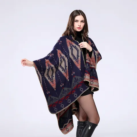 Women's Bohemian Geometric Rhombus Poncho Shawl Faux Cashmere Open Front Cloak Thick Warm Wrap Cardigan For Travel Office