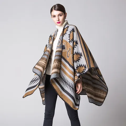 Châle Poncho Bohème Motif Géométrique pour Femmes Doux Acrylique Polyester Chaud Cape Enveloppante pour Automne Hiver