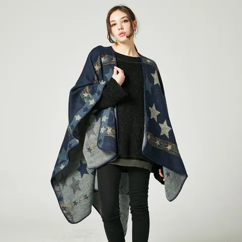 Women's Oversized Faux Cashmere Poncho Shawl Star Geometric Pattern Acrylic Polyester Blend Warm Thickened Wrap Cloak For Winter Fall