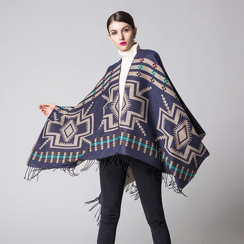 Women Ethnic Geometric Tassel Poncho Shawl Wrap Imitation Cashmere Bohemian Jacquard Fringe Warm Oversized Travel Scarf