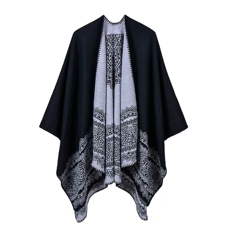 Women's Vintage Mandala Floral Print Poncho Cape Acrylic Polyester Blend Warm Open Front Oversized Shawl Wrap For Autumn Winter