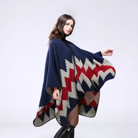Women's Ethnic Geometric Knitted Poncho Shawl Thickened Cashmere-like Woven Jacquard Cape Open Front Oversized Wrap Scarf