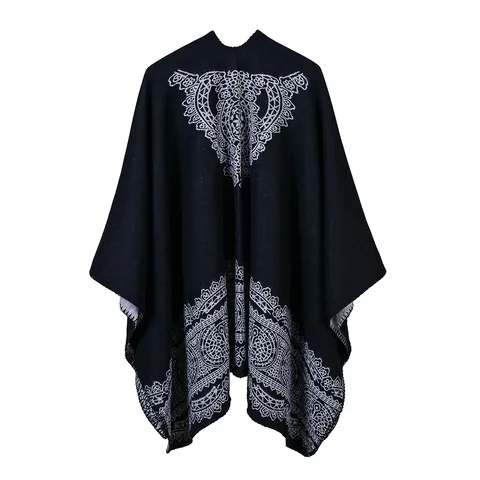 Women's Vintage Mandala Floral Print Poncho Cape Acrylic Polyester Blend Warm Open Front Oversized Shawl Wrap For Autumn Winter