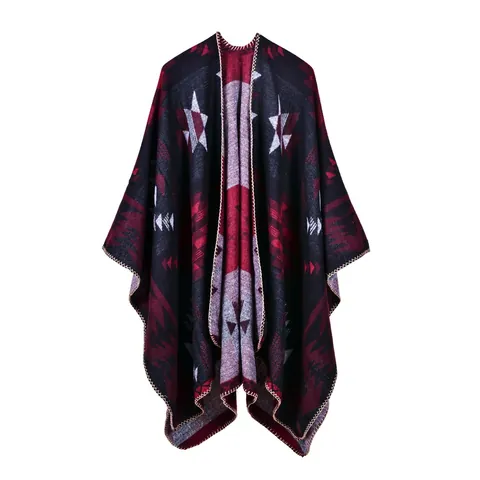 Women Faux Cashmere Geometric Bohemian Poncho Shawl Jacquard Tassel Cardigan Wrap Open Front Outerwear Winter Warm Cape