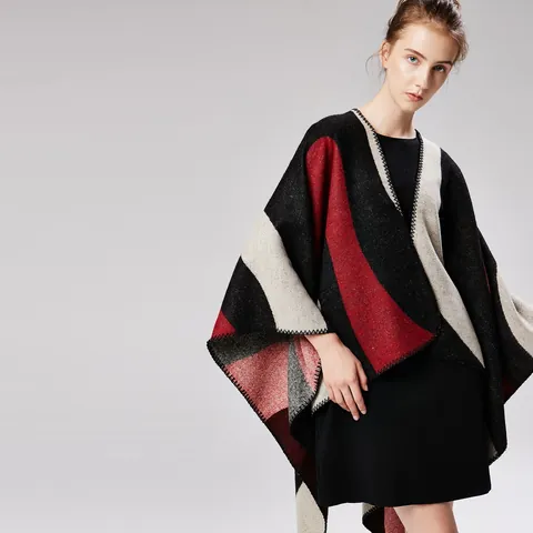 Women Geometric Color Block Poncho Shawl Open Front Knit Wrap Soft Cashmere Like Acrylic Polyester Blanket Cape Coat