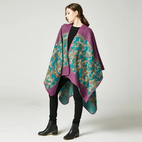 Women's Fashion Camouflage Faux Cashmere Shawl Cape Thickened Open Front Slit Long Knit Wrap Poncho For Winter