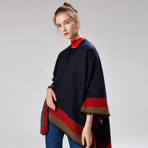 Women's Geometric Jacquard Poncho Shawl Oversized Thickened Warm Synthetic Fiber Scarf Color Block Cape Wrap For Winter