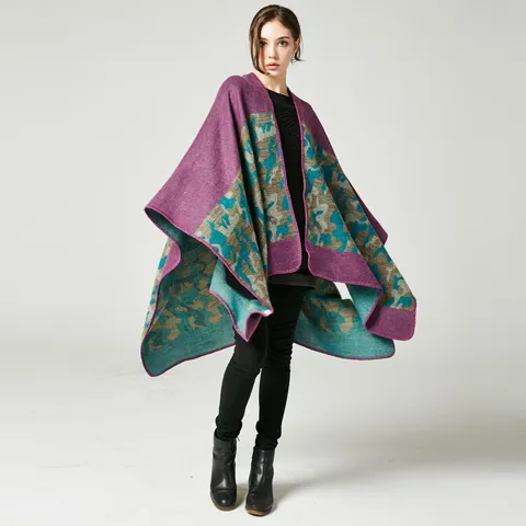 Women's Fashion Camouflage Faux Cashmere Shawl Cape Thickened Open Front Slit Long Knit Wrap Poncho For Winter