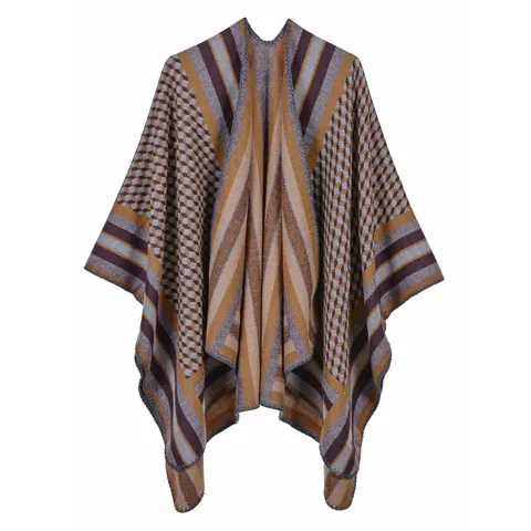 Poncho en Maille Imitation Cachemire pour Femmes Cape Mode à Rayures Plaid Pied-de-poule Châle Hiver Chaud Manteau Ouvert