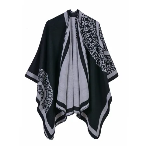 Women's Vintage Bohemian Geometric Pattern Knit Poncho Shawl Reversible Thick Warm Open Front Wrap Cardigan For Winter Fall