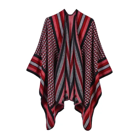 Poncho en Maille Imitation Cachemire pour Femmes Cape Mode à Rayures Plaid Pied-de-poule Châle Hiver Chaud Manteau Ouvert
