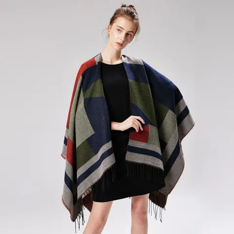 Damen Geometrisches Patchwork Fransen Schultertuch Cape Offener Poncho Wickeltuch Für Reisen Büro Herbst Winter Mode Accessoire