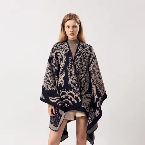 Women's Paisley Cashmere-Like Shawl Poncho Thick Warm Reversible Winter Wrap Cape Ethnic Floral Jacquard Scarf For Travel Party