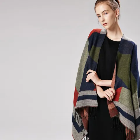 Damen Geometrisches Patchwork Fransen Schultertuch Cape Offener Poncho Wickeltuch Für Reisen Büro Herbst Winter Mode Accessoire