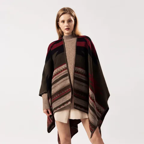 Poncho en Maille Bohème pour Femmes Motif Géométrique Châle Chaud Imitation Cachemire Cape Réversible pour Automne Hiver Voyage