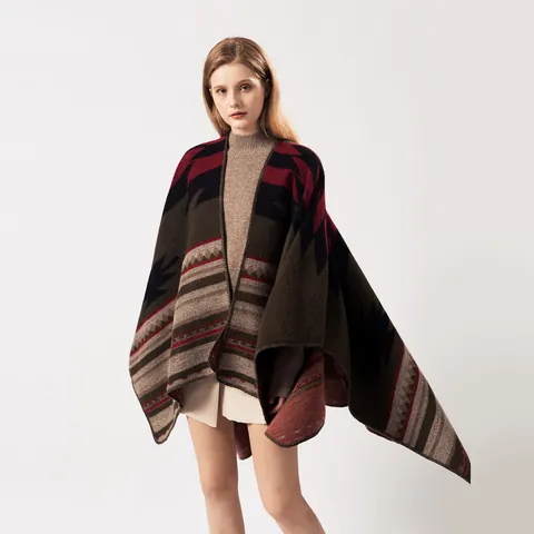 Poncho en Maille Bohème pour Femmes Motif Géométrique Châle Chaud Imitation Cachemire Cape Réversible pour Automne Hiver Voyage