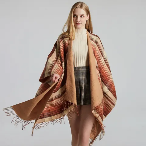 Poncho Chal Escocés para Mujer Imitación Cachemira Grueso Cálido Invierno Con Borlas Capa Retro a Cuadros Ropa Exterior