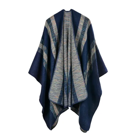 Damen Ethno Geometrische Streifen Poncho Cape Weiches Kaschmir-Imitat Vorne Offen Schal Wickel Winter Warm Oversized Strickponcho