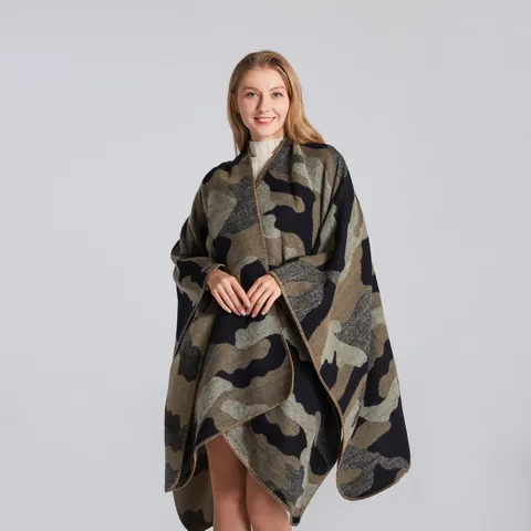 Women Camouflage Pattern Poncho Shawl Acrylic Polyester Warm Knit Wrap Cape For Autumn Winter Fashion Accessories