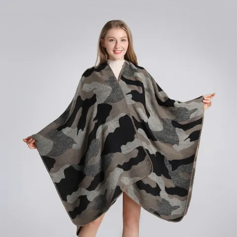 Women Camouflage Pattern Poncho Shawl Acrylic Polyester Warm Knit Wrap Cape For Autumn Winter Fashion Accessories