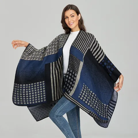 Women Double Sided Geometric Poncho Shawl Thick Warm Checkered Cape Woven Jacquard Open Front Wrap For Autumn Winter