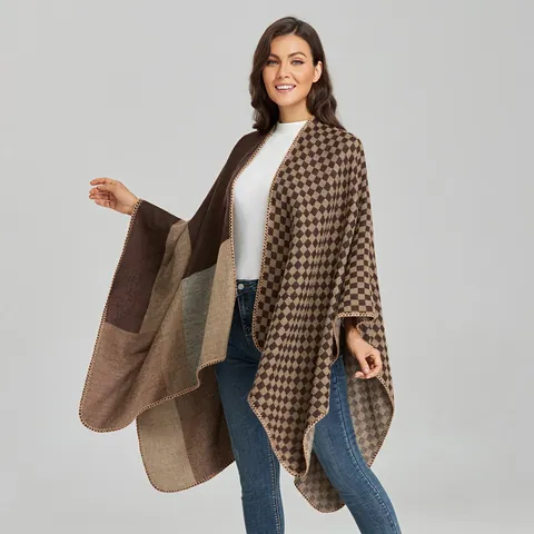 Poncho Châle Femme Mode Bloc de Couleur Chaud Épais Cape en Tricot Imitation Cachemire Ouvert sur le Devant Enveloppement Géométrique