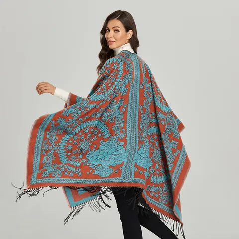 Vintage Ethnic Paisley Tassel Shawl Poncho For Women Bohemian Open Front Wrap Cape For Autumn Winter Warm Travel Outerwear