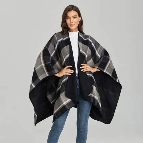 Damen Poncho Cape Kariert Offene Vorderseite Strickschal Leoparden Argyle Muster Kaschmirimitat Dick Warm Winter Oberbekleidung Casual Strickjacke