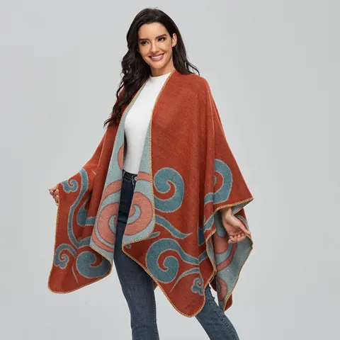 Women's Vintage Ethnic Cashmere Like Poncho Shawl Geometric Jacquard Warm Open Front Blanket Cape For Autumn Winter Travel