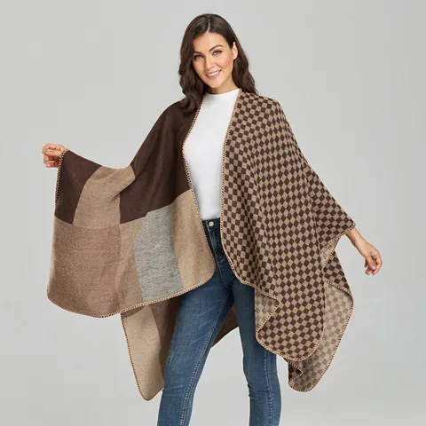 Poncho Châle Femme Mode Bloc de Couleur Chaud Épais Cape en Tricot Imitation Cachemire Ouvert sur le Devant Enveloppement Géométrique