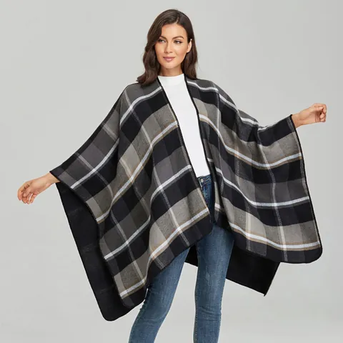 Damen Poncho Cape Kariert Offene Vorderseite Strickschal Leoparden Argyle Muster Kaschmirimitat Dick Warm Winter Oberbekleidung Casual Strickjacke