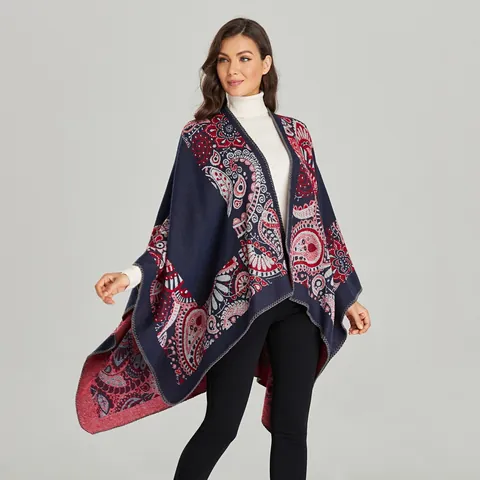 Châle Poncho Femme Motif Ethnique Paisley Floral Cape Rétro Jacquard Ouvert Épais Chaud Couverture Pour Automne Hiver Extérieur