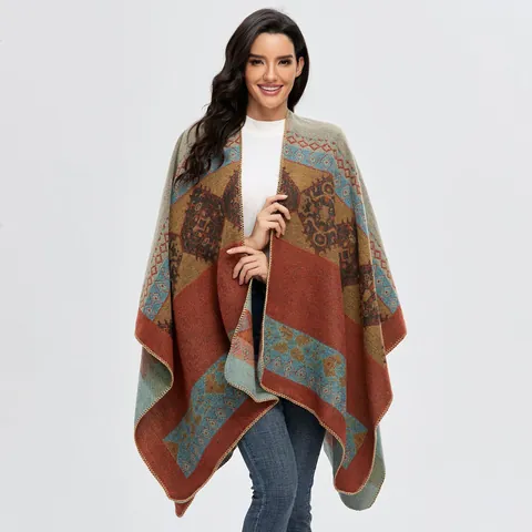 Women Vintage Ethnic Poncho Shawl Faux Cashmere Geometric Jacquard Slit Warm Cape Bohemian Multicolor Open Front Scarf Wrap