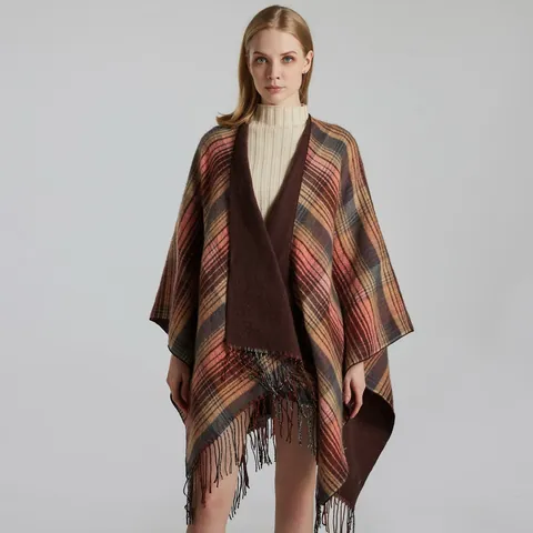 Poncho Chal Escocés para Mujer Imitación Cachemira Grueso Cálido Invierno Con Borlas Capa Retro a Cuadros Ropa Exterior