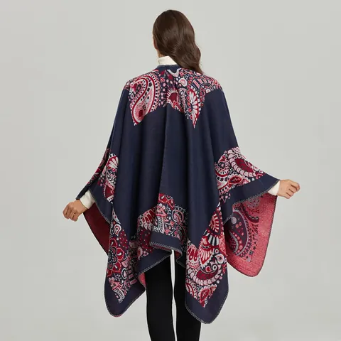 Châle Poncho Femme Motif Ethnique Paisley Floral Cape Rétro Jacquard Ouvert Épais Chaud Couverture Pour Automne Hiver Extérieur