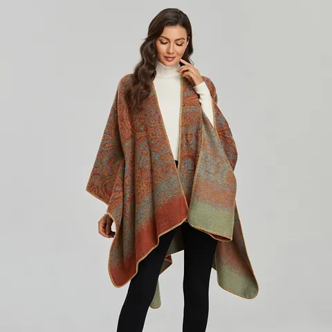 Châle Poncho Femme Motif Paisley Rétro Imitation Cachemire Épais Chaud Cape Ouverte sur le Devant pour Hiver Voyage Mode