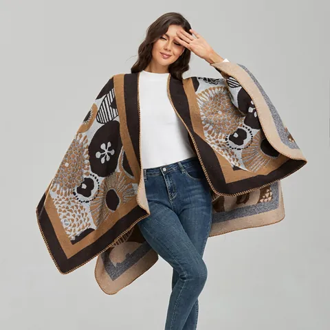 Poncho Châle Femme Vintage Ethnique Motif Tournesol Surdimensionné Ouvert Chaud Imitation Cachemire Cape Tricot Cardigan