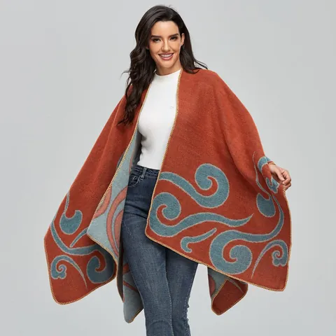 Women's Vintage Ethnic Cashmere Like Poncho Shawl Geometric Jacquard Warm Open Front Blanket Cape For Autumn Winter Travel