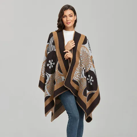 Poncho Châle Femme Vintage Ethnique Motif Tournesol Surdimensionné Ouvert Chaud Imitation Cachemire Cape Tricot Cardigan