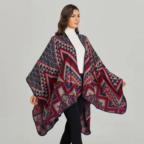 Poncho de Punto Geométrico Bohemio para Mujer Capa Vintage Frente Abierto Chal de Imitación de Cachemira Cálido Otoño Invierno