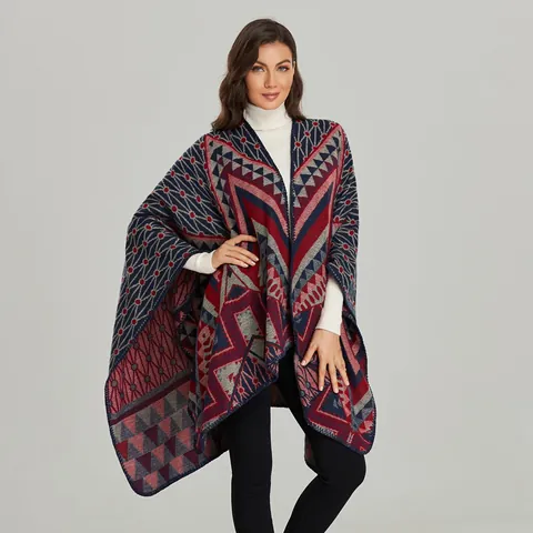 Poncho de Punto Geométrico Bohemio para Mujer Capa Vintage Frente Abierto Chal de Imitación de Cachemira Cálido Otoño Invierno